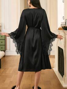 Mature Elegant Lace Patchwork Robe, Romantic Loose Belted Long Robe, Charming Ladies Sleepwear