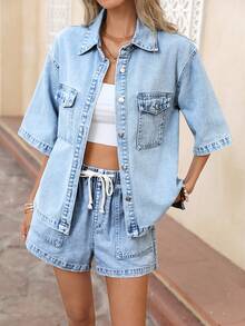 Selianne Women's Short Sleeve Single-Breasted Casual Pocket Denim Blouse - Light Wash - View 3