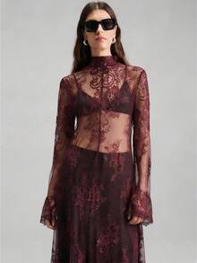 Ontre Women's Burgundy Lace Fabric Fitted Waist Long Dress, Urban Chic Business Casual Elegant Versatile Everyday Dress, Party Cocktail Dress For Summer - Burgundy - View 7