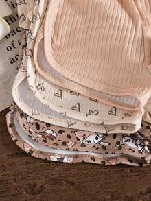 SHEIN 3pcs Baby Girls' Comfortable Casual Suspender Cartoon Print Earthy Tone Heart Print Romper, Stretchy Ribbed Knit Fabric, Soft & Skin-Friendly, Suitable For Daily & Home Wear, Spring