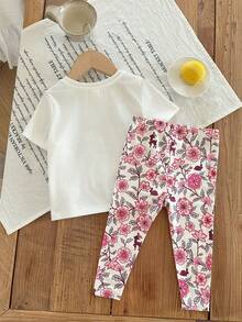 SHEIN LMoss  Baby Girl Cartoon Deer Print Round Neck Short Sleeve T-Shirt And Pants Casual Outfit - Multicolor - View 2