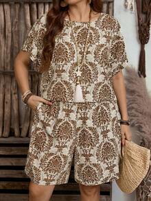 EMERY ROSE 2 Pieces Plus Size Women's Vacation Plant Print Short Sleeve Shirt & Shorts Set,Vacation Outfits Woman,Boho For Women - Coffee Brown - View 1