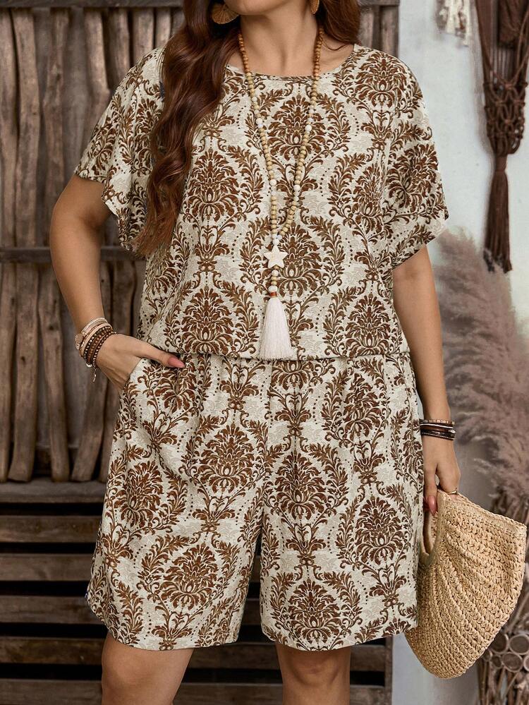 2 Pieces Plus Size Women's Vacation Plant Print Short Sleeve Shirt & Shorts Set,Vacation Outfits Woman,Boho For Women