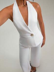 SHEIN Damen Weiße Kreuzknopf Wickel-Weste - Ärmellos, Regular Fit, dekorative Goldknöpfe, elegante Nicht-Stretch Blazer-Stil - Weiss - Übersicht 7