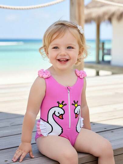 Traje de baño de una pieza con estampado de cisne y decoración de mariposa para niñas, lindo para vacaciones y juego
