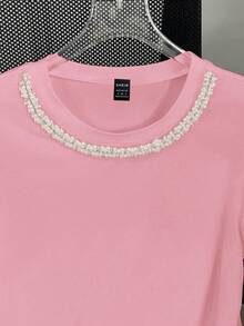 Resyla Women's Round Neck Embellished Chain Design Short Sleeve Casual T-Shirt, Summer - Pink - View 6