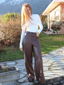 SILVIA DI SANTO 女士皮革女裤纯色前扣简约休闲裤、日常穿着、女士下装 - 咖啡棕 - 查看 4