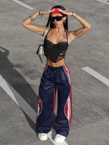INAWLY Women's Side Stripe Wide Leg Loose Casual Pants - Navy Blue - View 3