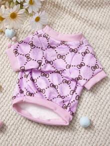 PETSIN 1件印花蝴蝶结法兰绒卫衣，宠物秋冬加厚保暖粉色款 - 粉色 - 查看 6