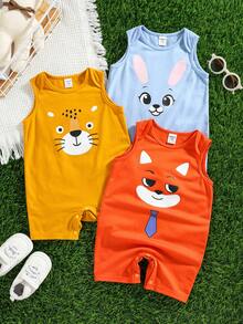 SHEIN 3pcs Newborn Unisex Baby Clothes,Cute Summer Knitted Cartoon Animal Rabbit Fox Pattern Sleeveless Romper,Multi-Color - Multicolor - View 11