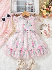 Glamorique Kids 2-5岁女婴夏季玫瑰印花无袖泡泡袖连衣裙，后背拉链，优雅百搭，甜美可爱，适合休闲穿着。 - 粉色 - 查看 5
