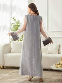 Al Najma Đầm maxi Thổ Nhĩ Kỳ thanh lịch dành cho nữ, cổ đính đá, tay áo lưới, thích hợp cho các dịp trang trọng. - Xám - Xem 2