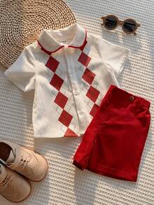 SHEIN 男婴夏季红色格子领白色衬衫和红色短裤休闲套装（2件套），适合生日派对、锐舞派对、晚宴、演出、婚礼、迎婴派对、洗礼和一周岁生日庆祝活动。 - 彩色 - 查看 4