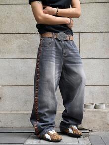 Manfinity EMRG Men's Animal Print Pocket Button Casual Versatile Commute Loose Fit Jeans - Light Grey - View 7