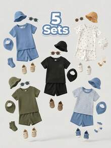 SHEIN Playful Pals Bộ 5 món đồ bé trai, áo dệt kim vân nổi ngắn tay cổ tròn & quần short lưng thun, phong cách thường ngày mùa hè, màu xanh, đồ gia đình đồng bộ cho bé chập chững 3T, từ 6 tháng - 3 tuổi - Nhiều màu - Xem 10