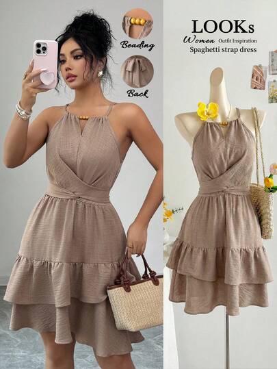 Elenzga Vestido mini ajustado y acampanado sin mangas con lazo elegante y cuentas para mujer, color caqui, primavera/verano
