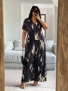 Vionelle 两件套加大码女式扎染短袖纽扣上衣和裤子套装 - 紫色 - 查看 1