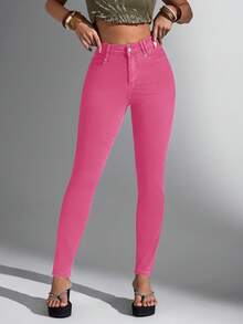 Jeanoix 女士纯色中腰修身粉色时尚牛仔裤，亮粉色裤子，女士粉色牛仔裤，女士牛仔裤，女士打底裤，情人节 - 玫紅色 - 查看 6