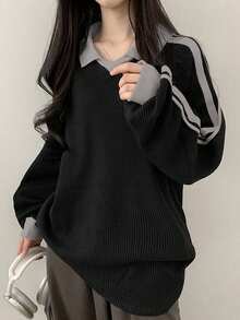 DAZY Women's Colorblock Letter Graphic Pullover Sweatshirt, Collegiate Style - Black - View 7