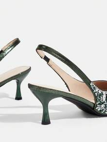 CUCCOO TILAWA Silver Toe Open Pointed-Toe Rhinestone Satin Wedding Heels For Women For Christmas Valentine's Day - Dark Green - View 4
