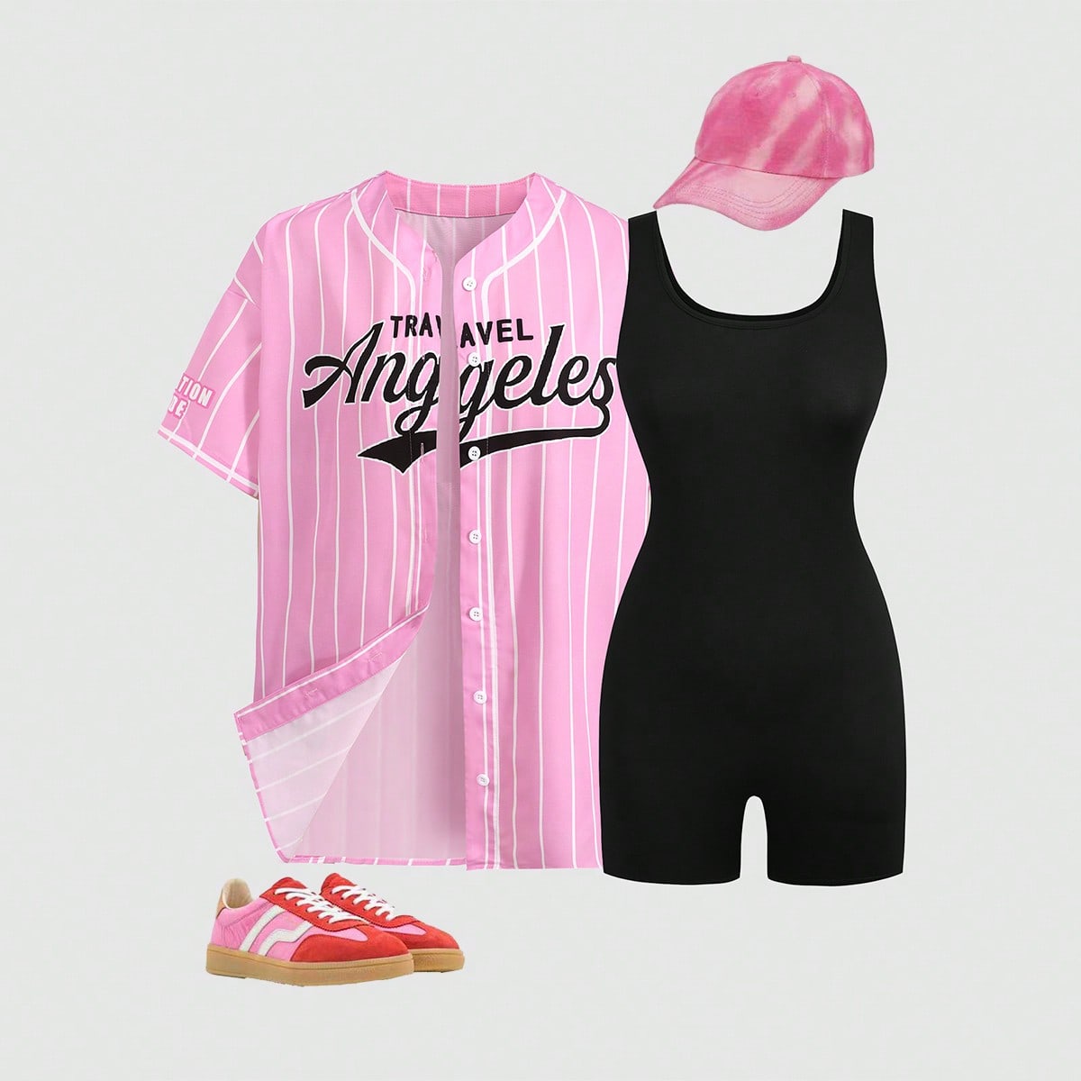 Conjunto de 2 piezas de mono holgado y cómodo con estampado en inglés deportivo de color rosa y negro para adolescentes, de cuello y sin mangas