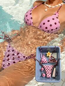 Swim Mod Women's Polka Dot Triangle Soft Cup Neck Tie Set - Hot Pink - View 4