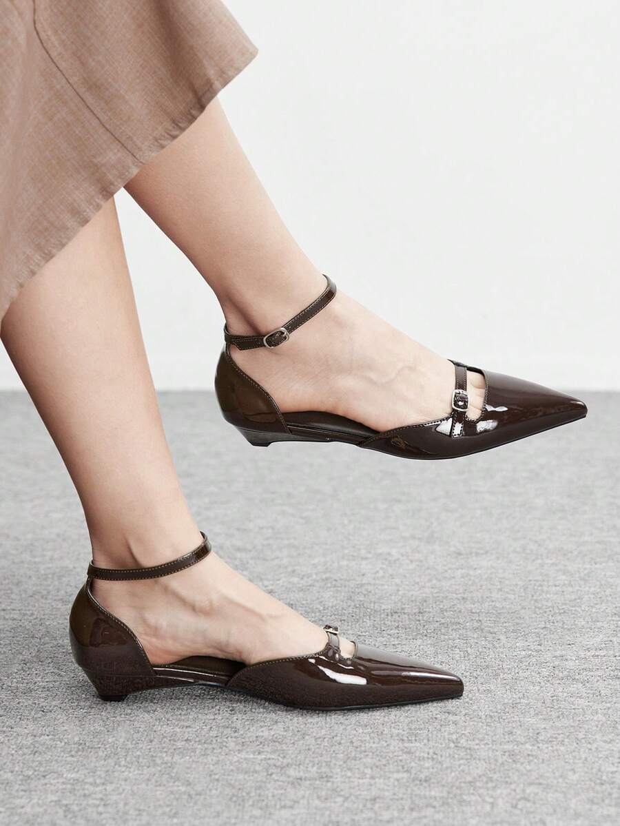 CUCCOO BIZCHIC Zapatos de tacón bajo de punta fina negros, sencillos y elegantes, versátiles, con tira trasera. Nuevos zapatos planos de bajo empeine para ir al trabajo, con correa en el talón, adecuados para la oficina en primavera/otoño - Café espejo 171 - Ver 1