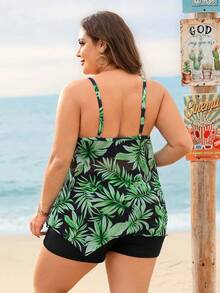 Swim Lushoire 女士热带植物印花吊带加大码泳衣套装，适合海滩度假、春夏穿着 - 彩色 - 查看 2