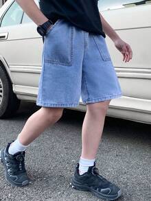 SHEIN Tween Boy Fashion Homecoming Streetwear Mix And Match Versatile Design Vintage Cool Street Drawstring Design All-Elastic Waistband Blue Loose-Fitting Denim Shorts For Dailywear And Spring To Summer Rave Festival And Streetwear Summer Shorts Jeans Short Baggy Jeans - Blue - View 5