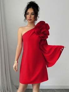 Elenzga Elegante vestido rojo con diseño floral 3D para fiestas navideñas, citas y cenas de mujeres - Rojo - Ver 4