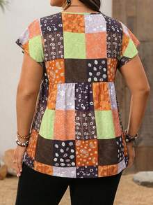 EMERY ROSE 大码度假休闲拼接印花短袖衬衫，春夏款 - 橘色 - 查看 2