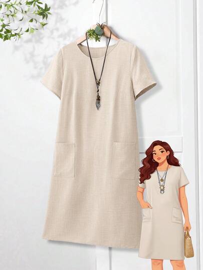 EMERY ROSE 大码女式纯色圆领短袖双口袋休闲直筒连衣裙