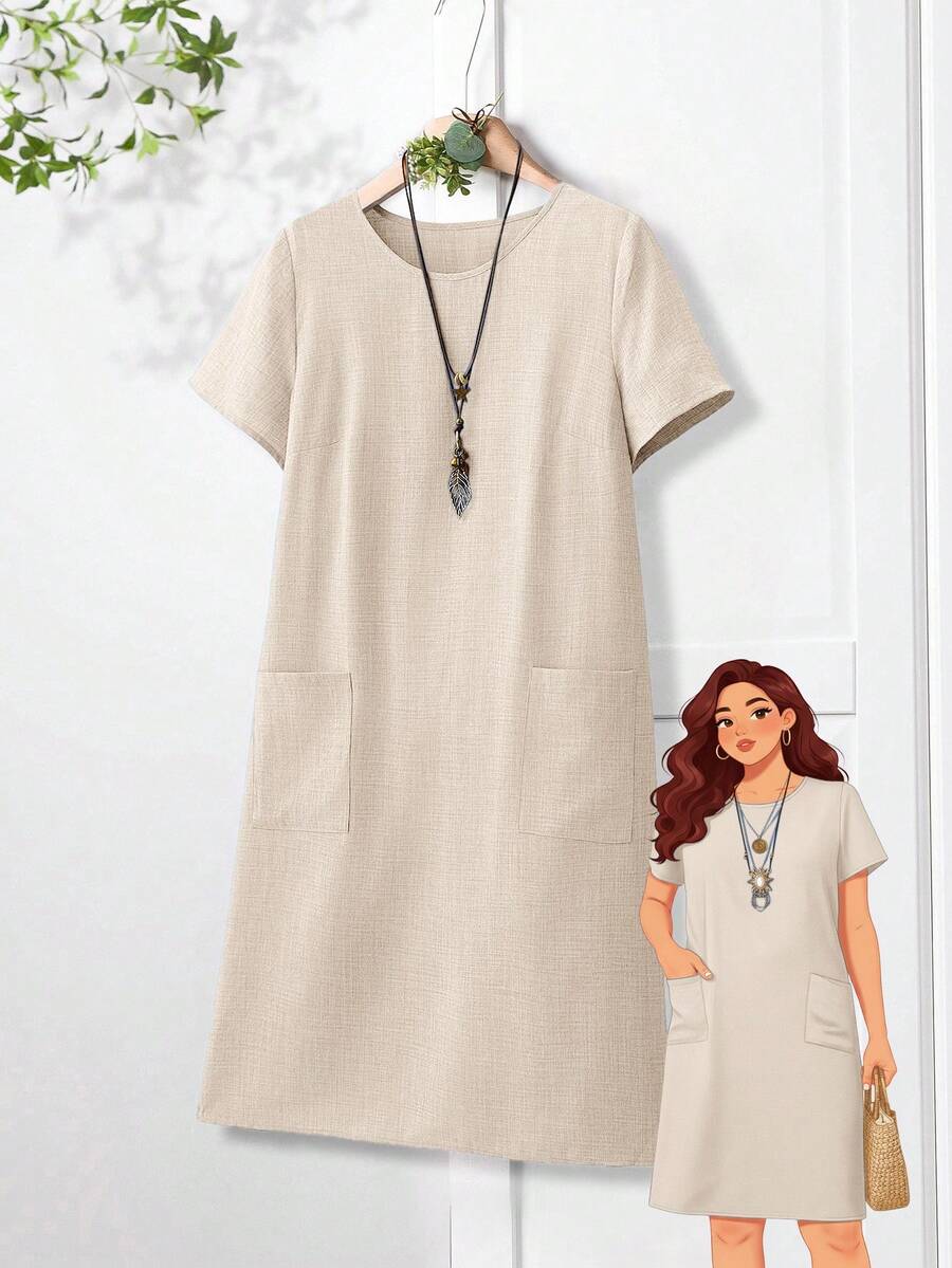 EMERY ROSE 大码女式纯色圆领短袖双口袋休闲直筒连衣裙 - 杏色 - 查看 1