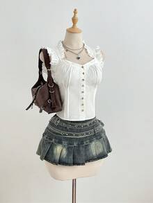 SHEIN Unity 女士休闲衬衫，饰有纽扣、荷叶边袖子和褶裥设计 - 白色 - 查看 3