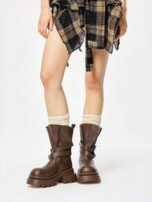 ROMWE Grunge Punk Women's Fashion Versatile Commuter Buckle Thick Sole Mid-Calf Boots Valentine's Day - Brown - View 2