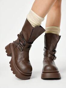 ROMWE Grunge Punk Women's Fashion Versatile Commuter Buckle Thick Sole Mid-Calf Boots Valentine's Day - Brown - View 1