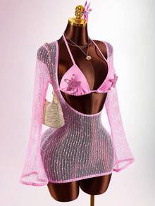 Amplova Women's Romantic Pink Beach Starfish Bikini With Sheer Cover-Up Set - Pink - View 1