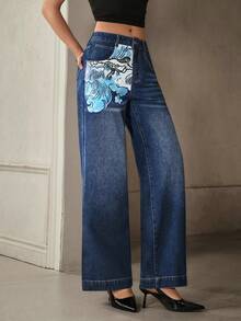 Selenza 女士带口袋阔腿宽松休闲百搭牛仔裤 - 藍色 - 查看 5