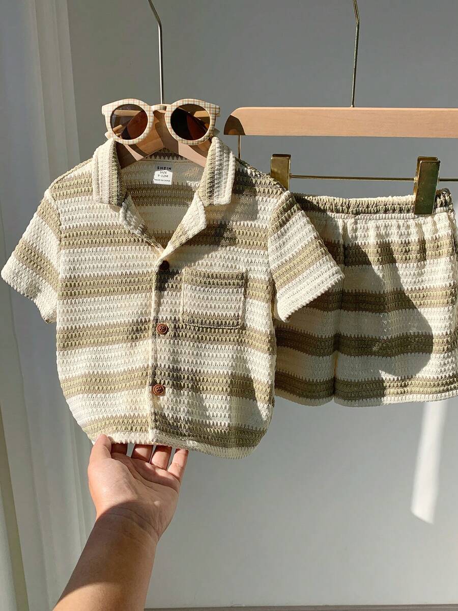 SHEIN 2件套男女宝宝夏季度假休闲条纹短袖polo衫和短裤套装 - 彩色 - 查看 1