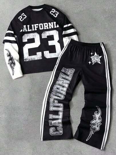 PAVTROS Men's Contrast Color Letter Print Crew Neck Long Sleeve T-Shirt And Pants Casual Suit