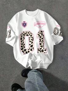SHEIN EZwear 女士休闲豹纹印花及数字 01 图案宽松圆领短袖T恤 - 彩色 - 查看 2