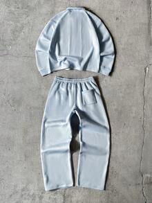 AXEPEAK Men's Numeric Print Polo Collar Long Sleeve Sweatshirt And Sweatpants Casual Suit - Blue - View 2