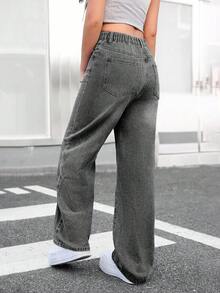 SHEIN 少女休闲水洗宽松直筒牛仔裤 - 淺灰色 - 查看 2