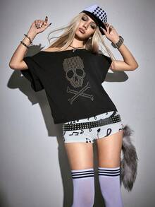 ROMWE Grunge Punk Spring/Summer Y2K Punk Skull Rivet Design Laser Cut Loose Fit Solid Color Versatile T-Shirt - Black - View 5