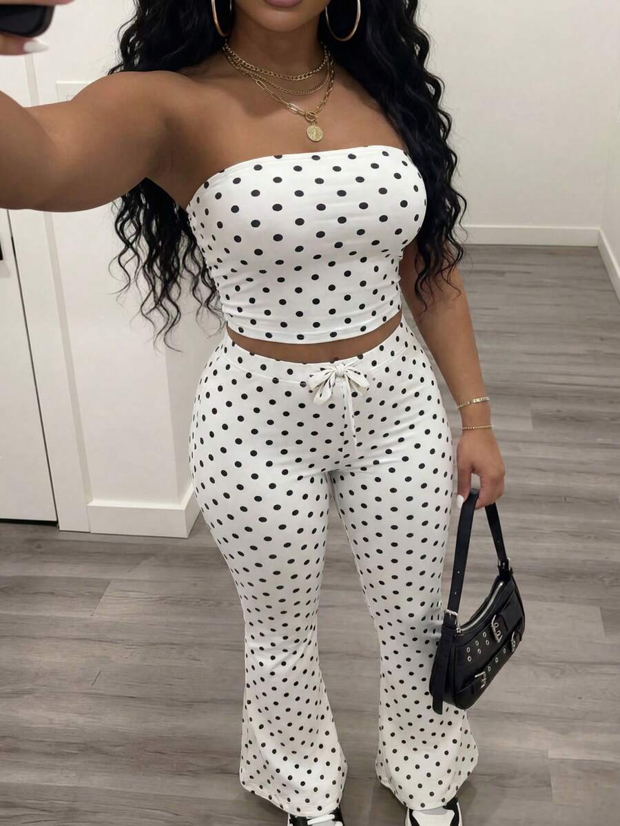 Slaydiva 新款春夏休闲街头风性感修身白色波点印花抹胸上衣+高腰喇叭裤女式两件套。适合情人节、约会、派对、聚会、节日、音乐会、夜店、日常出行、新年、狂欢、早午餐、辣妹装扮、度假、机场穿搭、婚礼宾客装扮、婚礼季、休闲街头风。 - 白色 - 查看 1