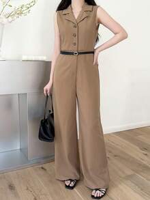 SHEIN Teen Girls' Khaki Lapel Collar Loose Wide Leg Jumpsuit, Waist Cinched, Minimalist Chic Fashion, Spring/Summer - Khaki - View 4