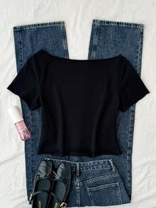 SHEIN Áo thun nữ tuổi teen in hình nơ, vai lệch. - màu đen - Xem 2