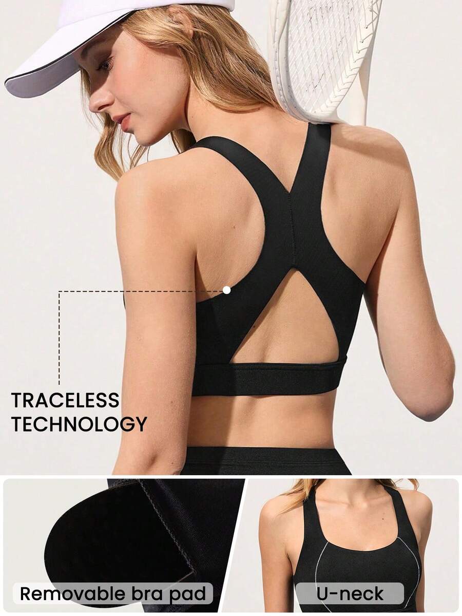 CourtClass Women's Sports Bra - Extra Support, Seamless Back Design For Skin-Friendliness & Comfort, Suitable For Gym, Tennis & Running - Black - View 1