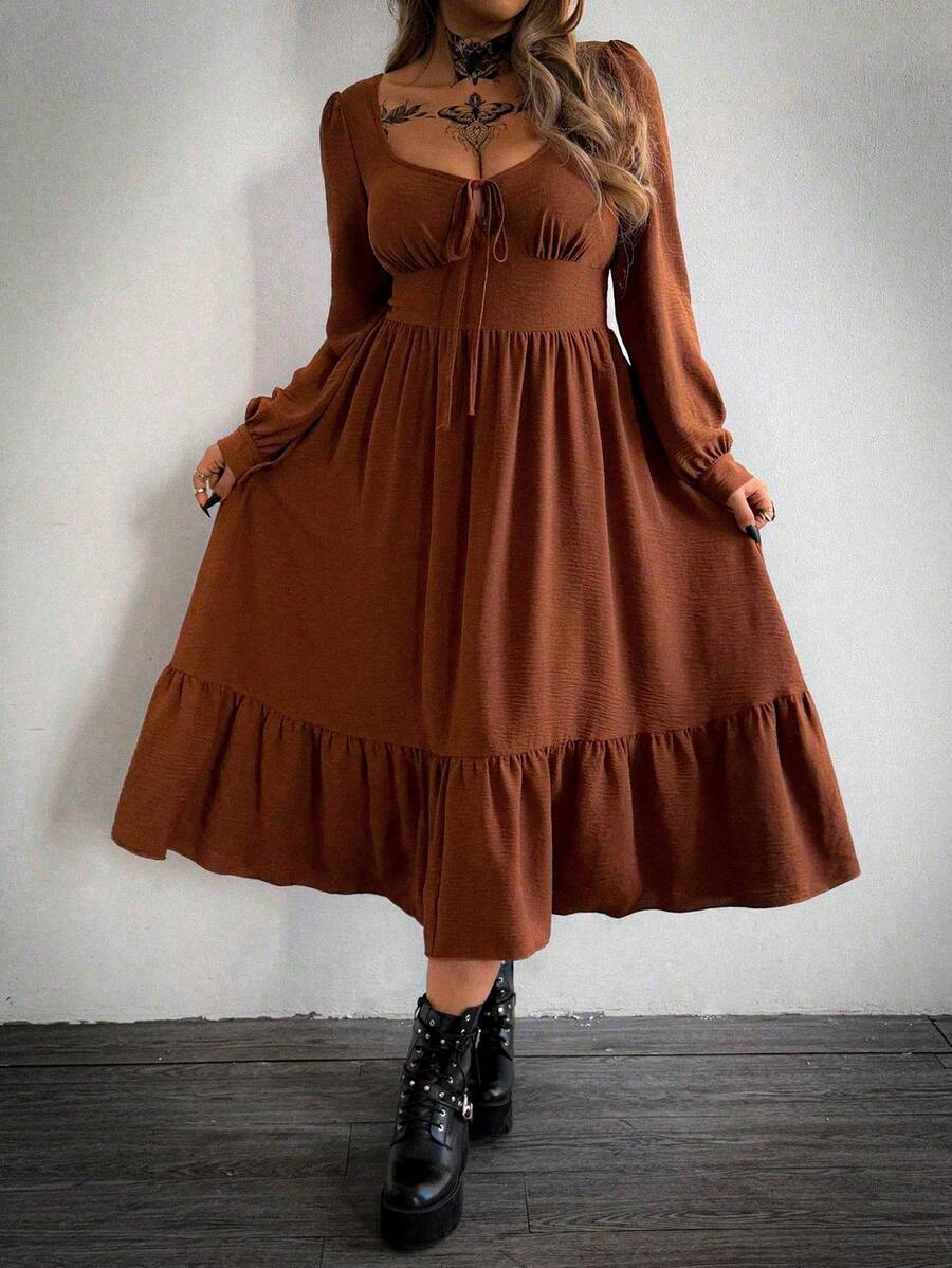 Whyspr 大码撞色收腰长袖连衣裙，春季 - 彩色 - 查看 1