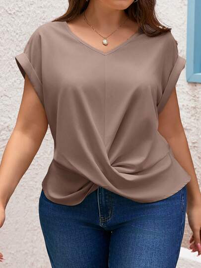 SHEIN Frenchy Plus Size Women's Twist Knot Hem Batwing Short Sleeve V Neck Green Shirt
